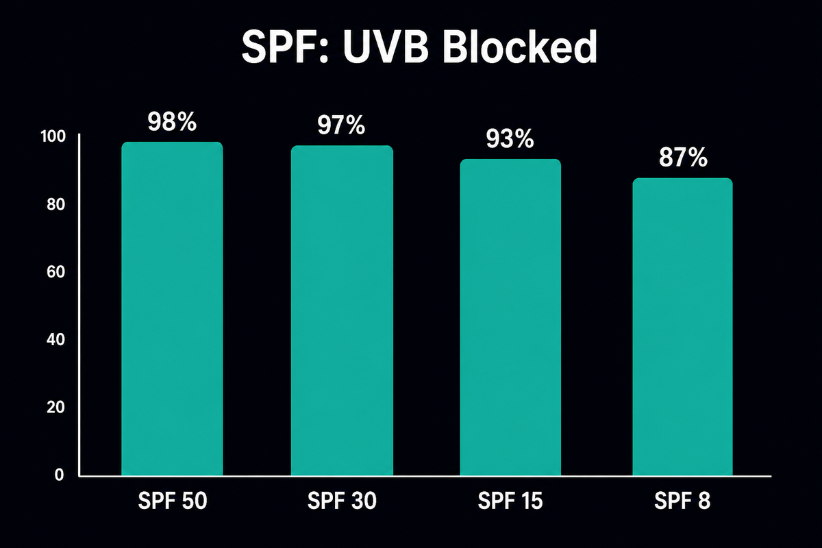 Bar chart of UVB blocked by SPF: SPF 50 blocks 98 percent, SPF 30 blocks 97 percent, SPF 15 blocks 93 percent, SPF 8 blocks 87 percent